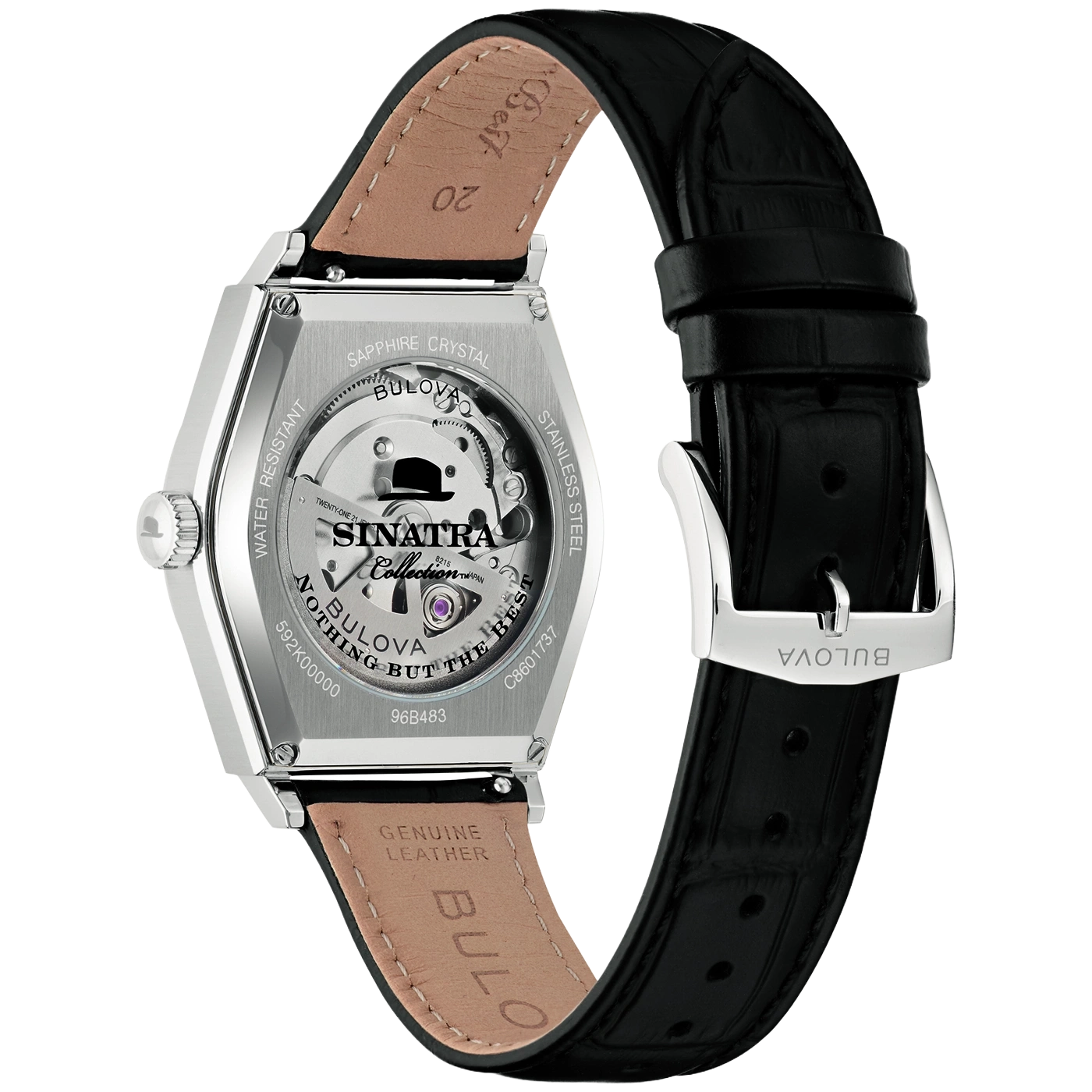 Achterkant van een zilveren Bulova Sinatra Collection horloge met zwarte leren band.