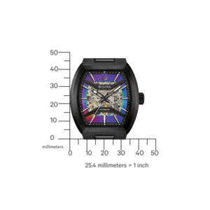 Zwart Bulova horloge met skelet wijzerplaat, millimeter schaal, 25,4 mm = 1 inch.