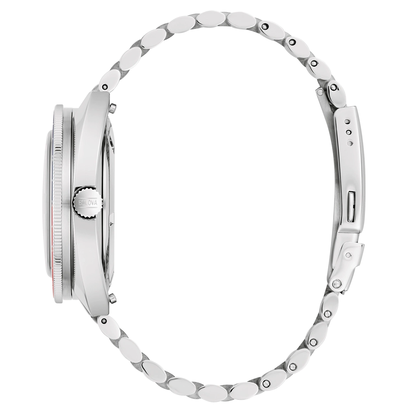 Bulova horloge, zilveren band, detailopname, zijaanzicht, elegant design, accessoire