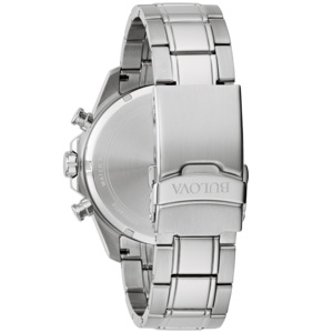Bulova horloge, roestvrijstalen band, zilver, detailopname, close-up, achterkant