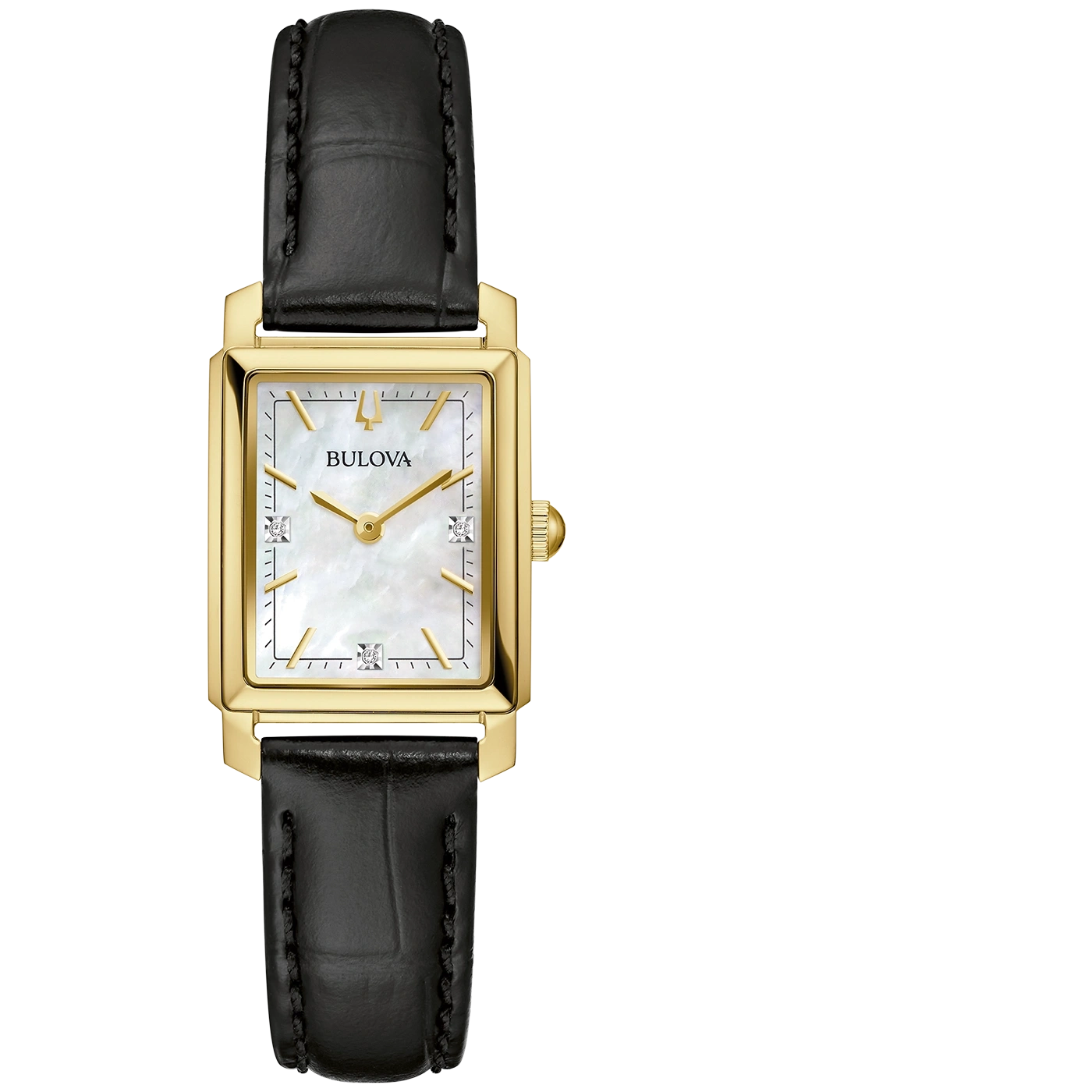 Gouden Bulova horloge met zwart lederen band en parelmoer wijzerplaat.