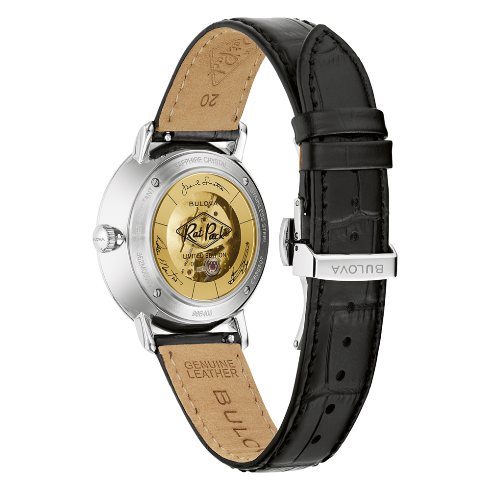 Bulova horloge, achterkant, leren band, Rat Pack, Limited Edition, roestvrij staal