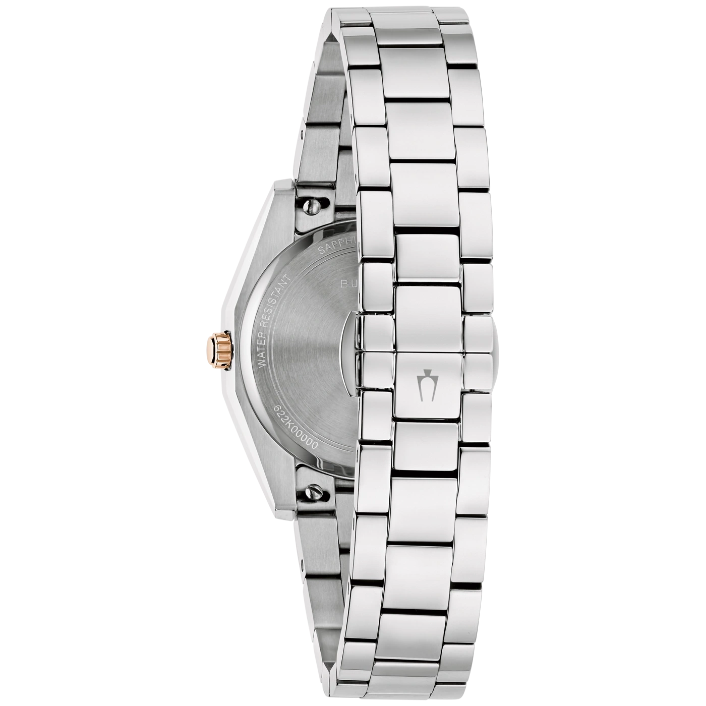 Een zilveren horlogekast met de inscripties "WATER RESISTANT" en "SAPPHIRE".