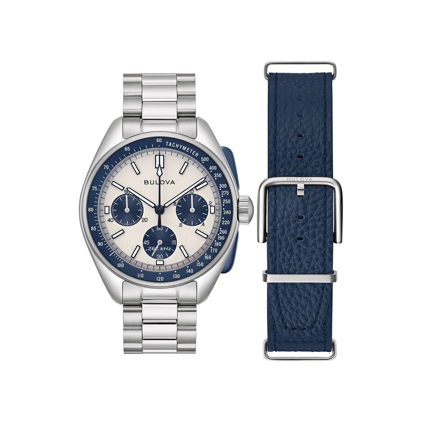 Bulova horloge met blauwe wijzerplaat en band, tachymeter functie, zilverkleurig.
