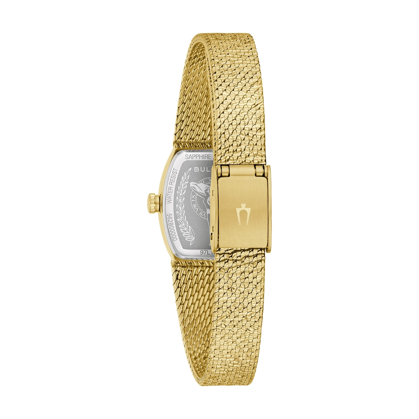 Gouden dameshorloge met rechthoekige wijzerplaat en gouden armband