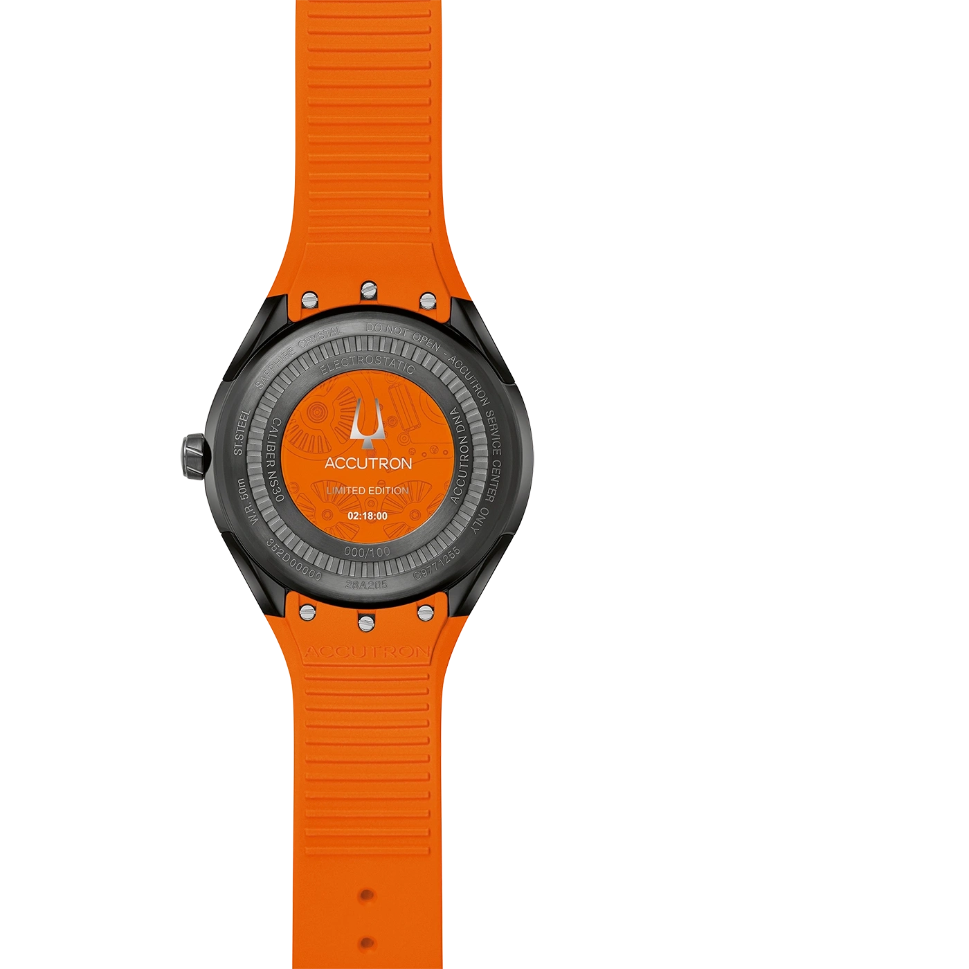 Oranje Accutron horloge met zwarte kast en oranje band, Limited Edition, 02:18:00.