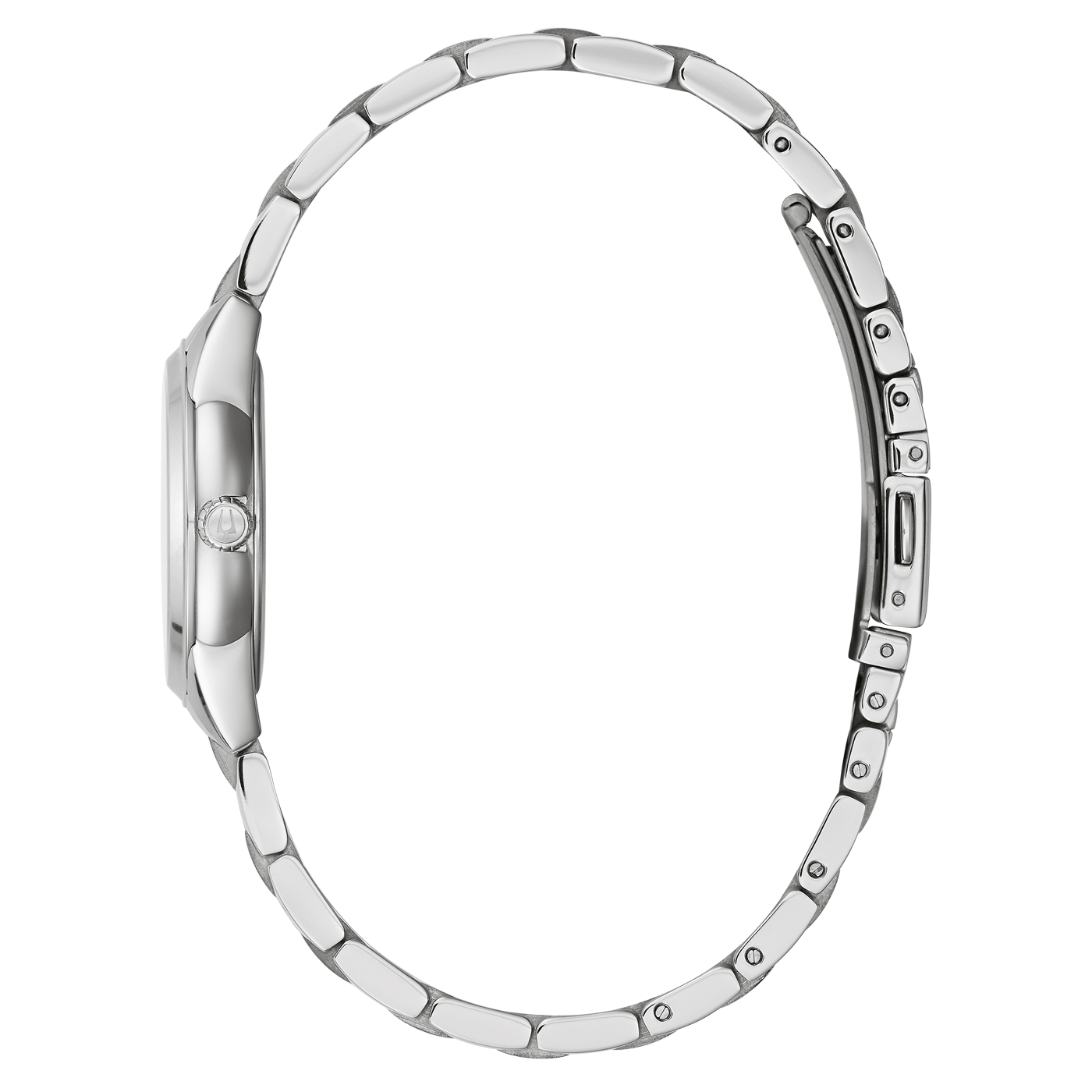 Zilveren dameshorloge, zijaanzicht, armband, ronde wijzerplaat, elegant design, accessoire