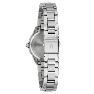 Achterkant van zilveren horloge met armband en logo