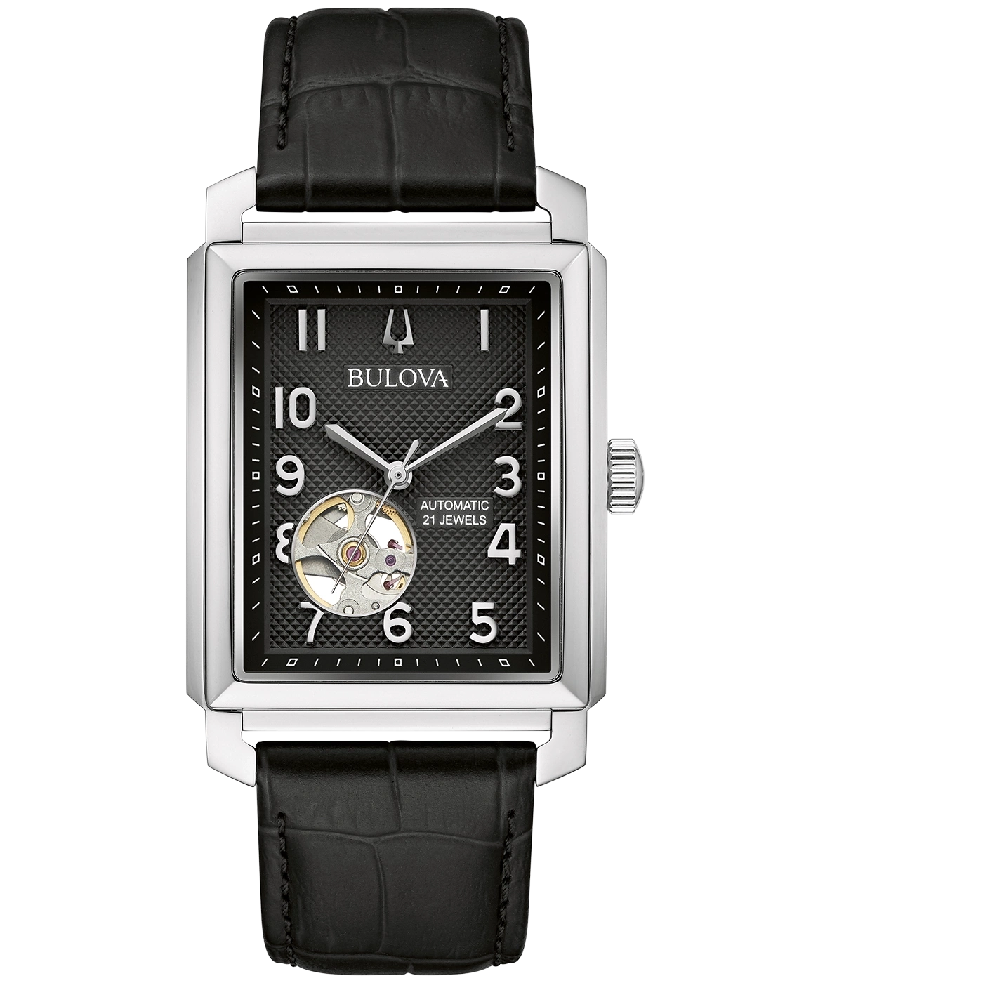 Bulova herenhorloge, rechthoekige wijzerplaat, zwart lederen band, automatisch uurwerk, 21 juwelen