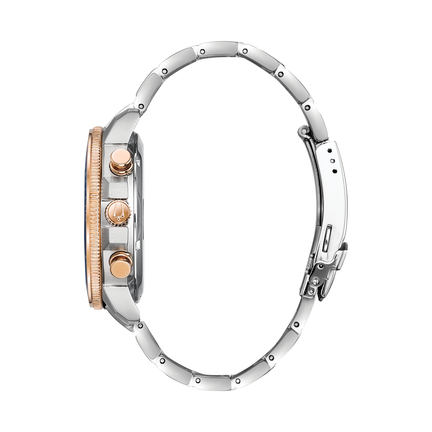 Horloge, zilveren band, roségouden details, zijaanzicht, elegant ontwerp.