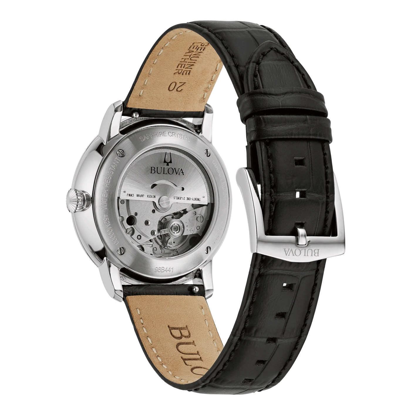 Bulova horloge met leren band, saffierglas, waterdicht, automatisch uurwerk.