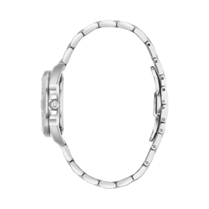 Zilveren dameshorloge met diamanten en armband, zijaanzicht, elegant