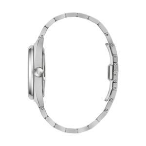 Zilveren horloge met armband, zijaanzicht, elegant ontwerp, detailopname, accessoire