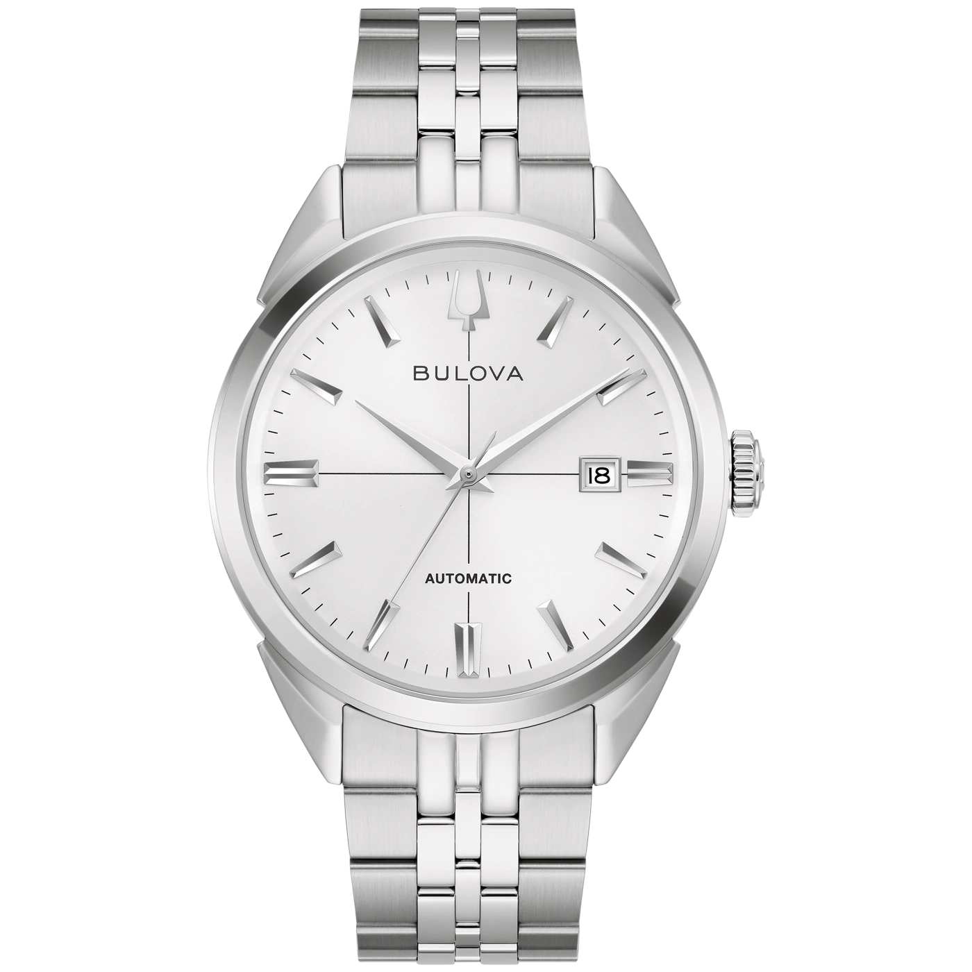 Zilverkleurig herenhorloge met zilveren band en wit wijzerplaat.