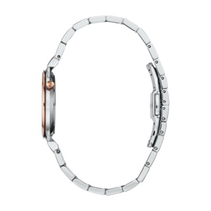 Horloge, zilveren band, roségouden wijzerplaat, zijaanzicht, elegant ontwerp, accessoire