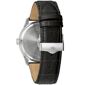 Bulova horloge, zwart lederen band, zilveren gesp, detailopname, close-up, achterkant