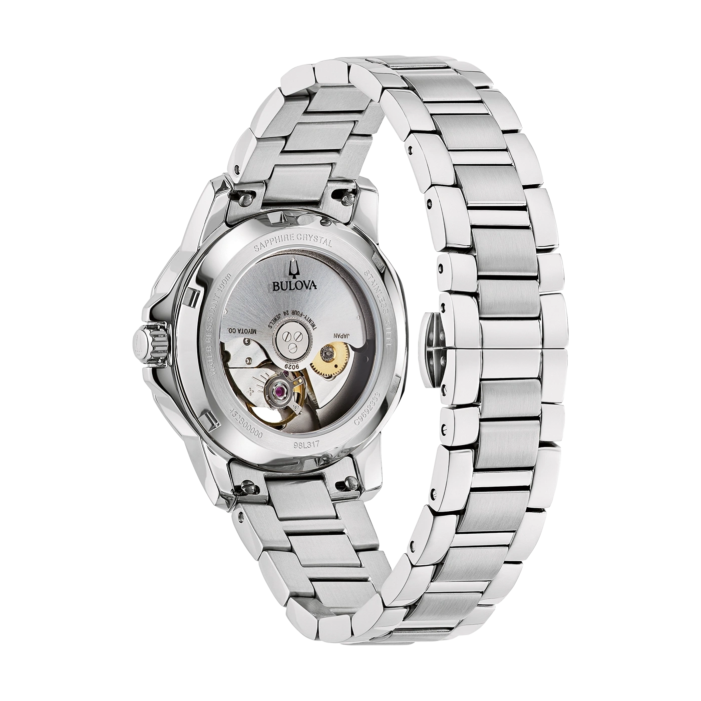 Bulova horloge, roestvrij staal, saffierglas, waterdicht tot 100m, Japans uurwerk, 24 juwelen.