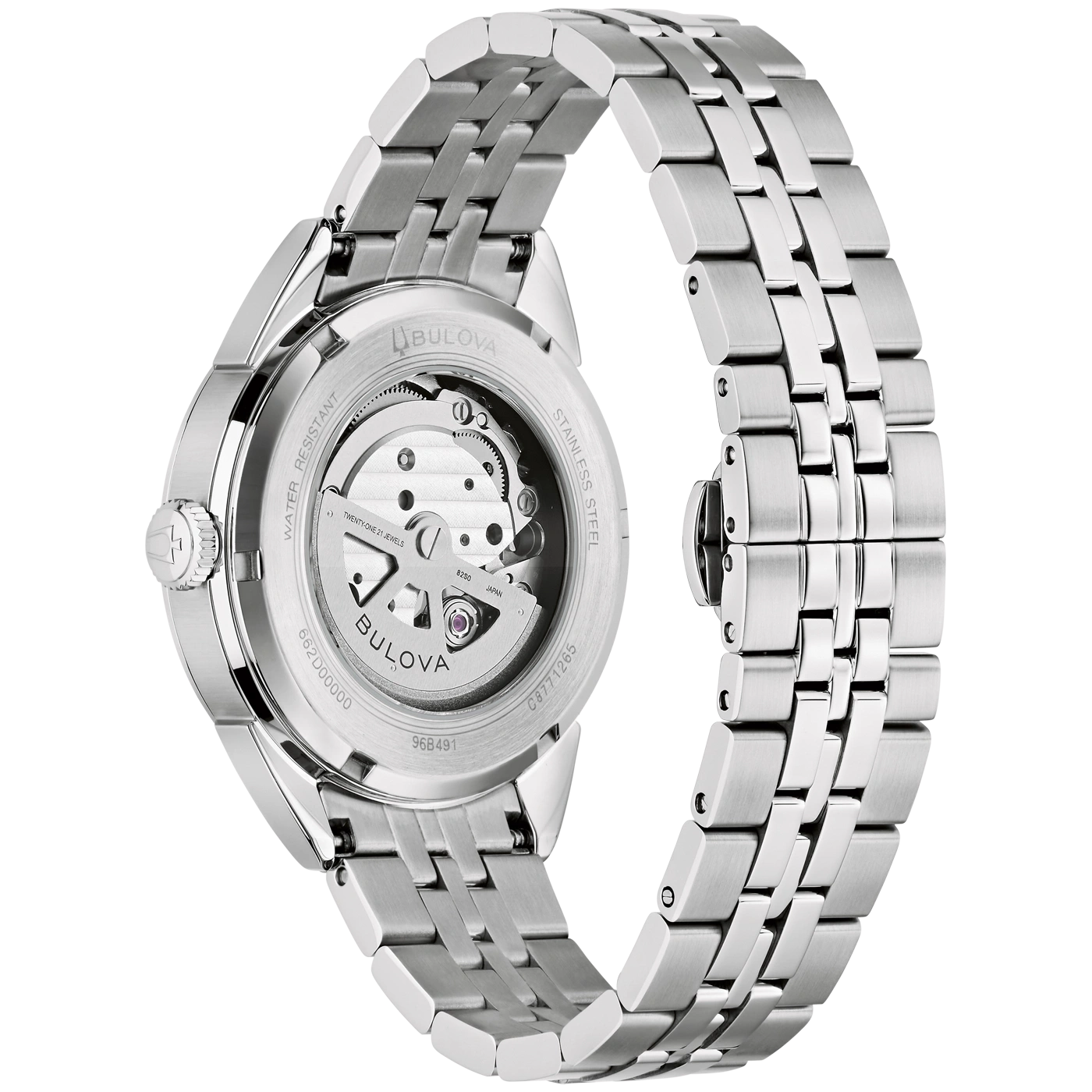 Een zilverkleurig herenhorloge met een doorzichtige achterkant