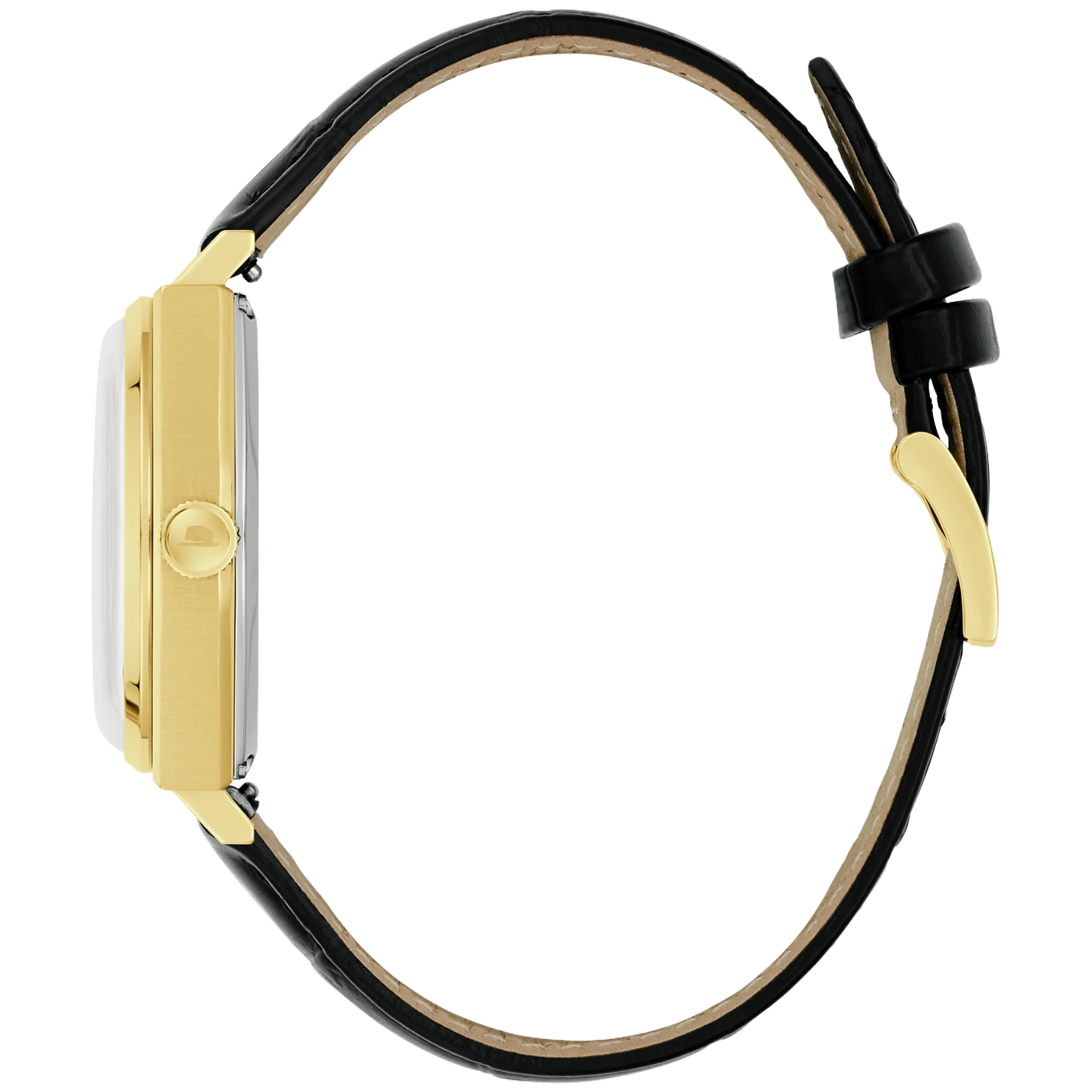 Gouden horloge met zwarte leren band, zijaanzicht.