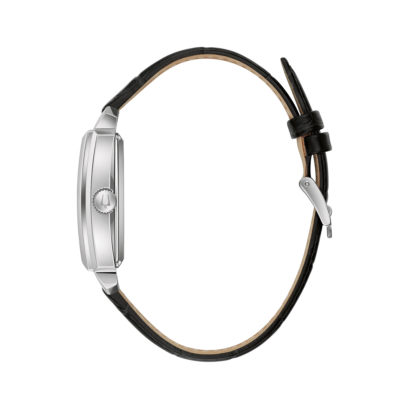 Horloge met zwart lederen band, zilveren kast en detailweergave
