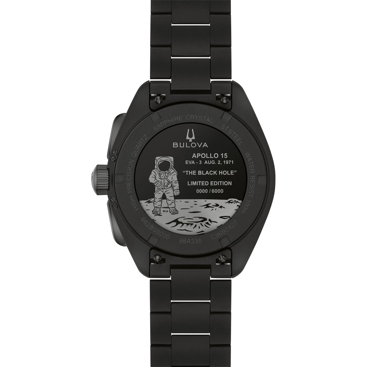 Een zwarte Bulova Apollo 15 polshorloge op een witte achtergrond.
