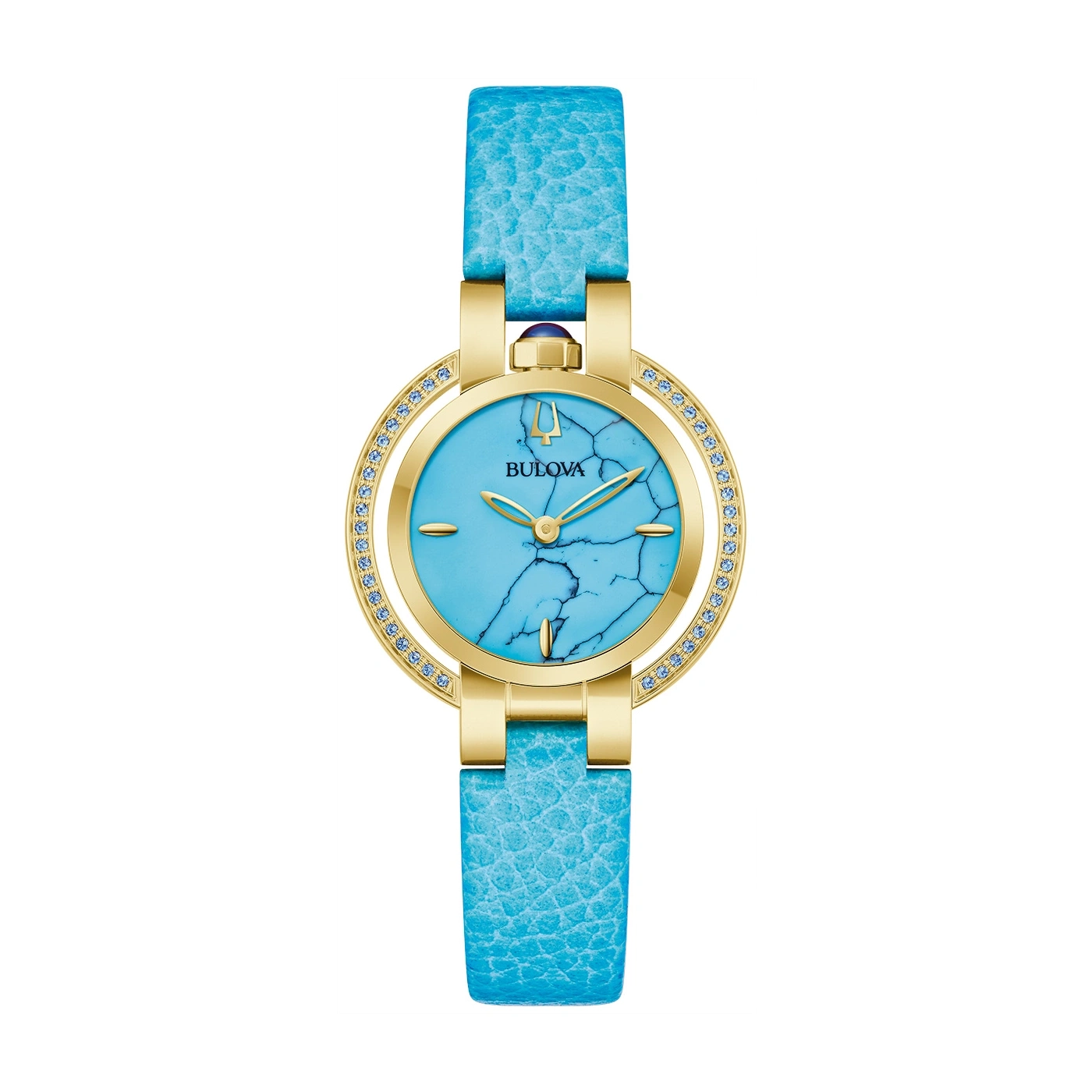 Bulova dameshorloge met turkoois wijzerplaat en blauwe leren band