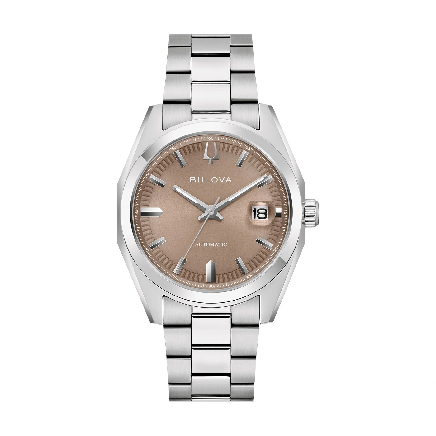 Bulova horloge met bruine wijzerplaat en zilveren band, automatisch