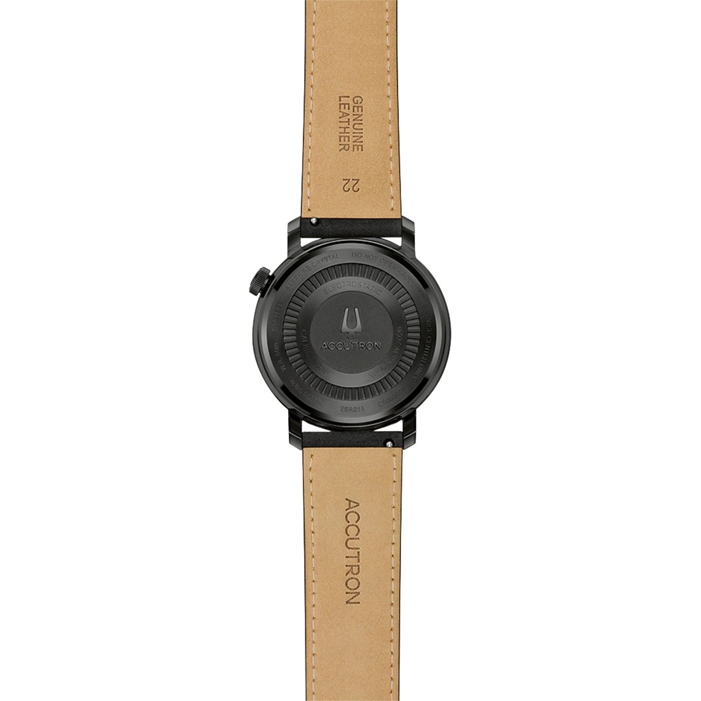 Achterkant van een Accutron horloge met leren band en gravures.