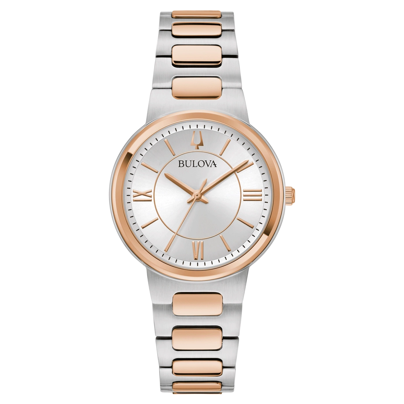Bulova dameshorloge, zilveren wijzerplaat, roségouden accenten, roestvrijstalen band.