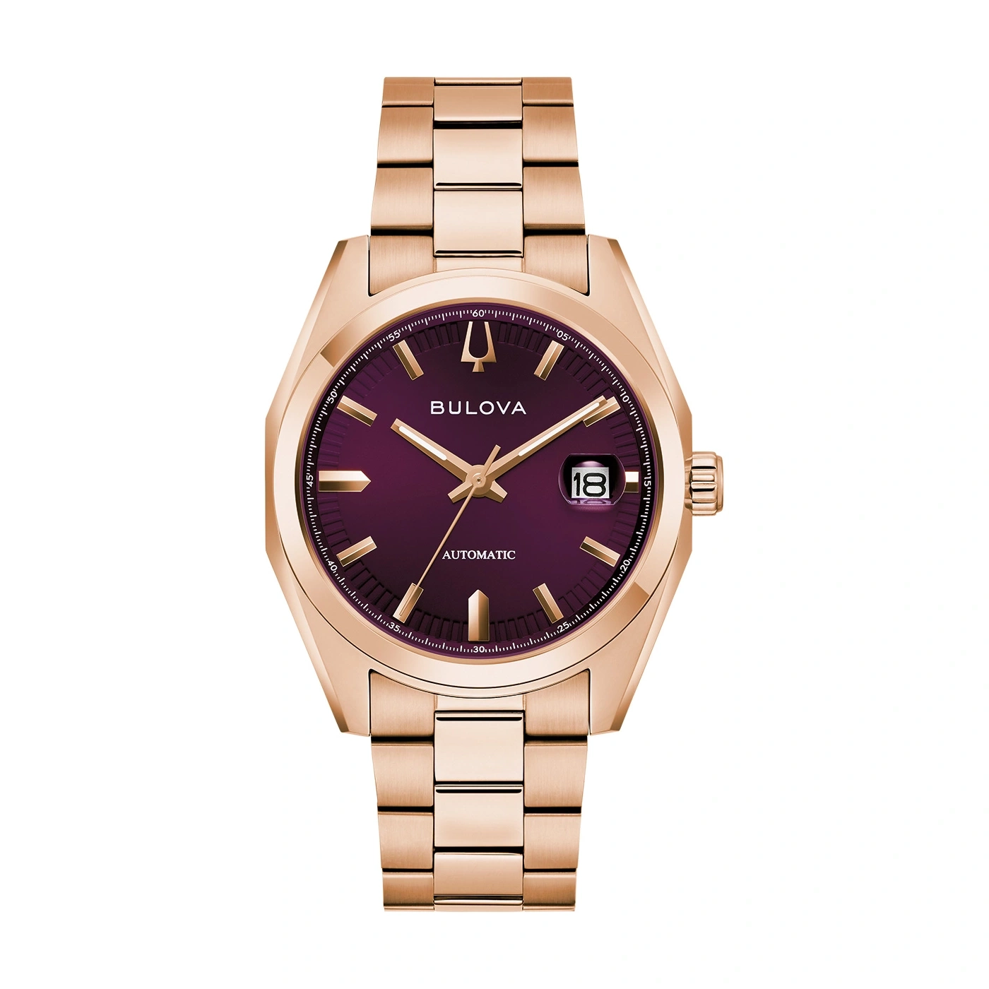 Bulova horloge, roségoud, met bordeaux wijzerplaat en datumweergave.