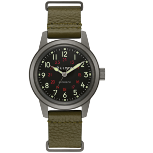 Bulova horloge met zwarte wijzerplaat en groene band, automatisch
