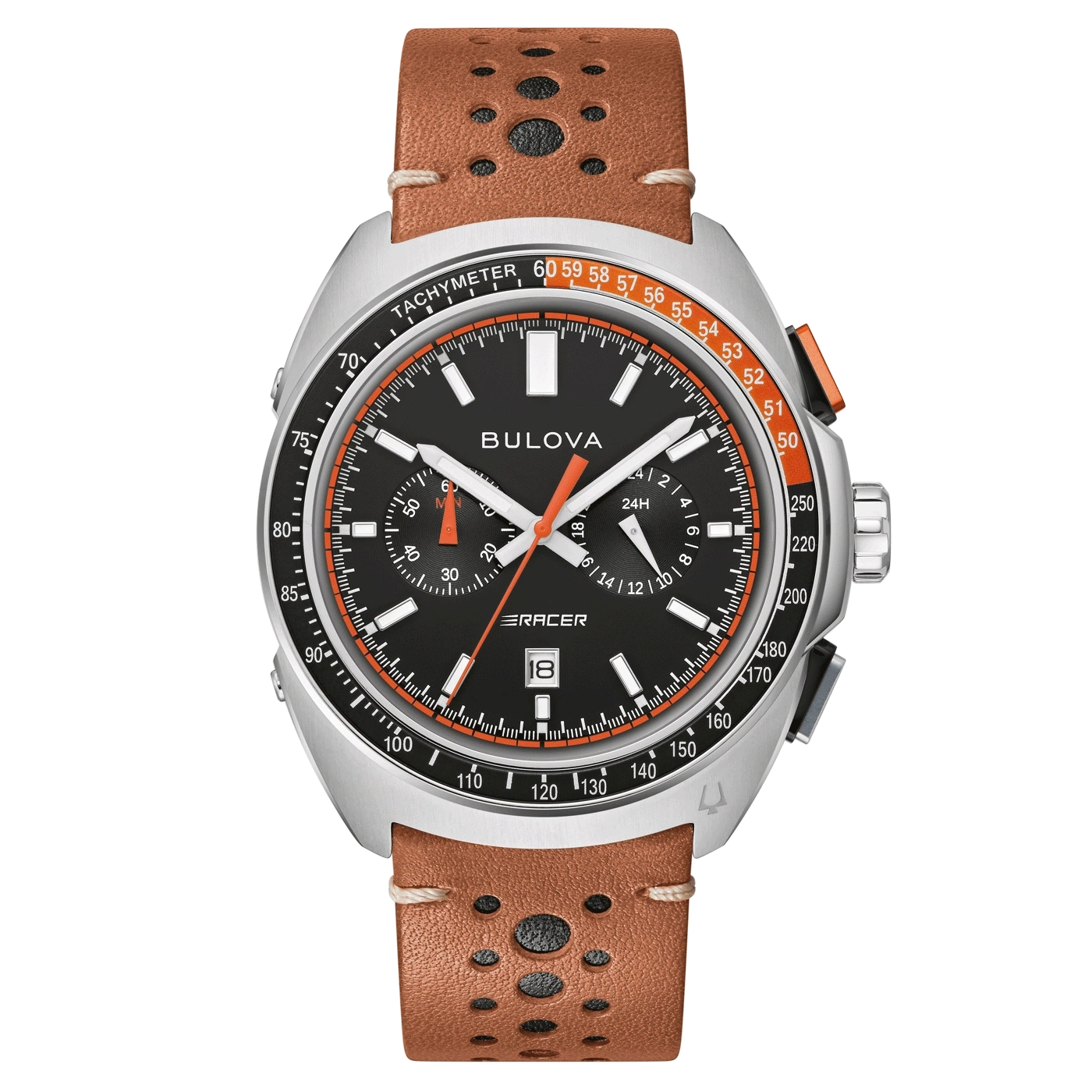 Bulova horloge met zwarte wijzerplaat, oranje accenten en bruine leren band.