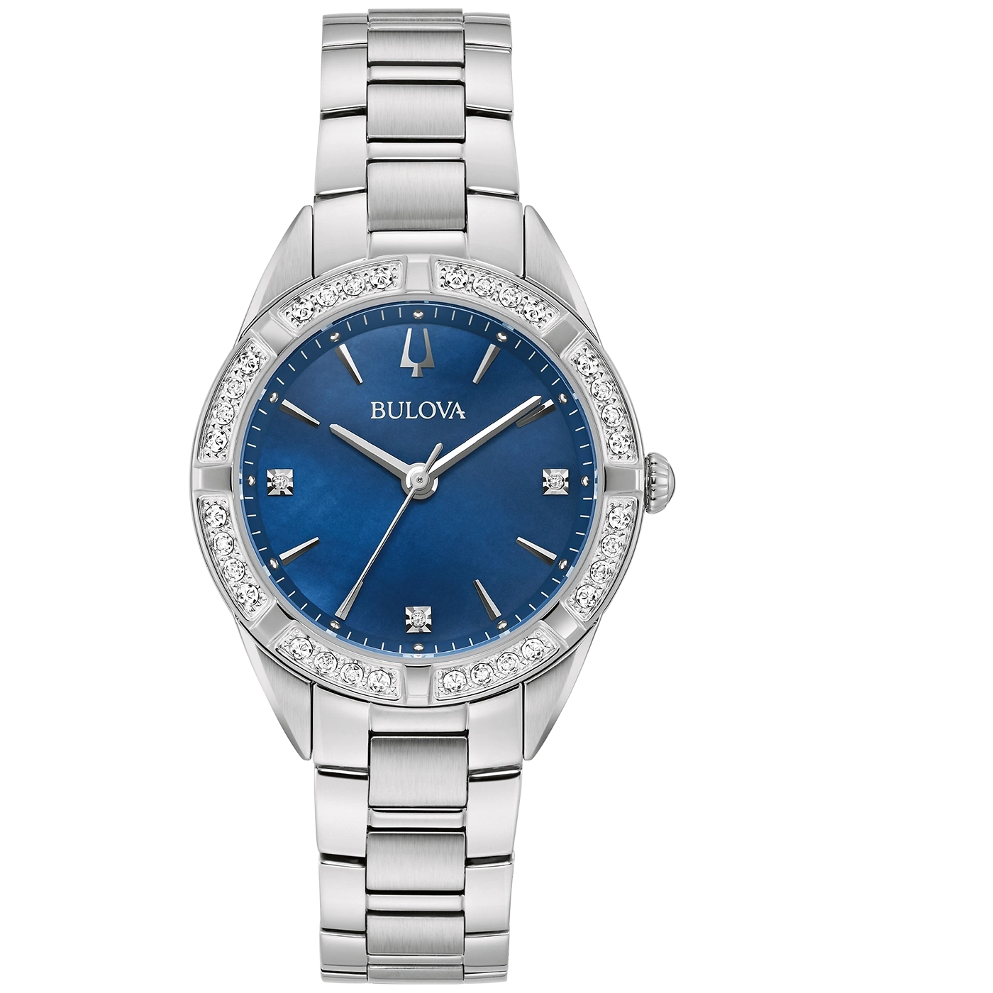Bulova dameshorloge, blauwe wijzerplaat, zilveren band, diamanten, elegant