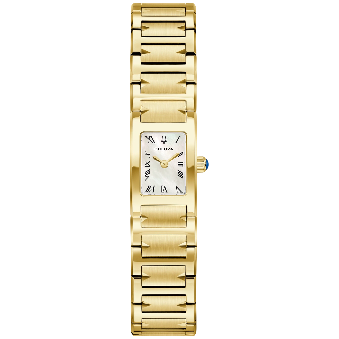 Gouden Bulova dameshorloge met Romeinse cijfers op een parelmoeren wijzerplaat.