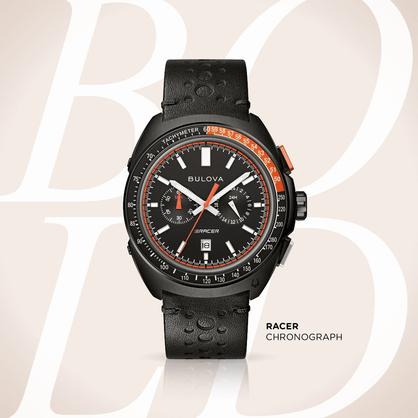 Bulova Racer Chronograaf horloge, zwart, oranje accenten, leren band, tachymeter