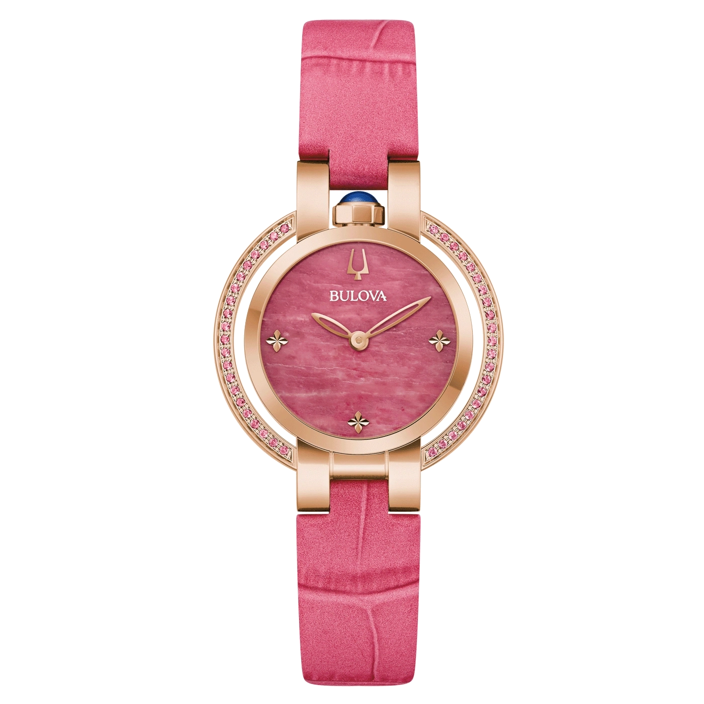 Bulova dameshorloge, roze wijzerplaat, roze band, goudkleurige kast, sieraden