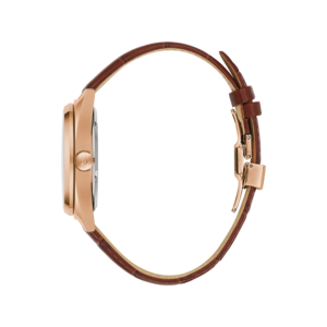 Gouden horloge met bruine leren band, close-up, elegant design, modeaccessoire, stijlvol.
