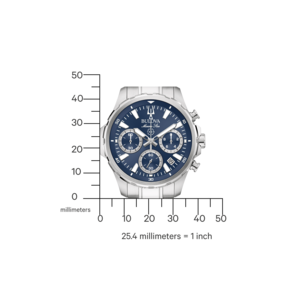 Bulova Marine Star horloge met blauw oppervlak en meetschaal in millimeters.
