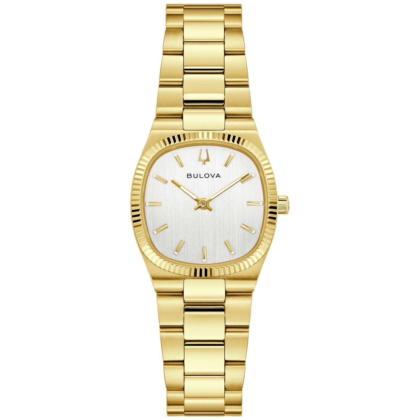 Gouden Bulova horloge met witte wijzerplaat en gekartelde rand.