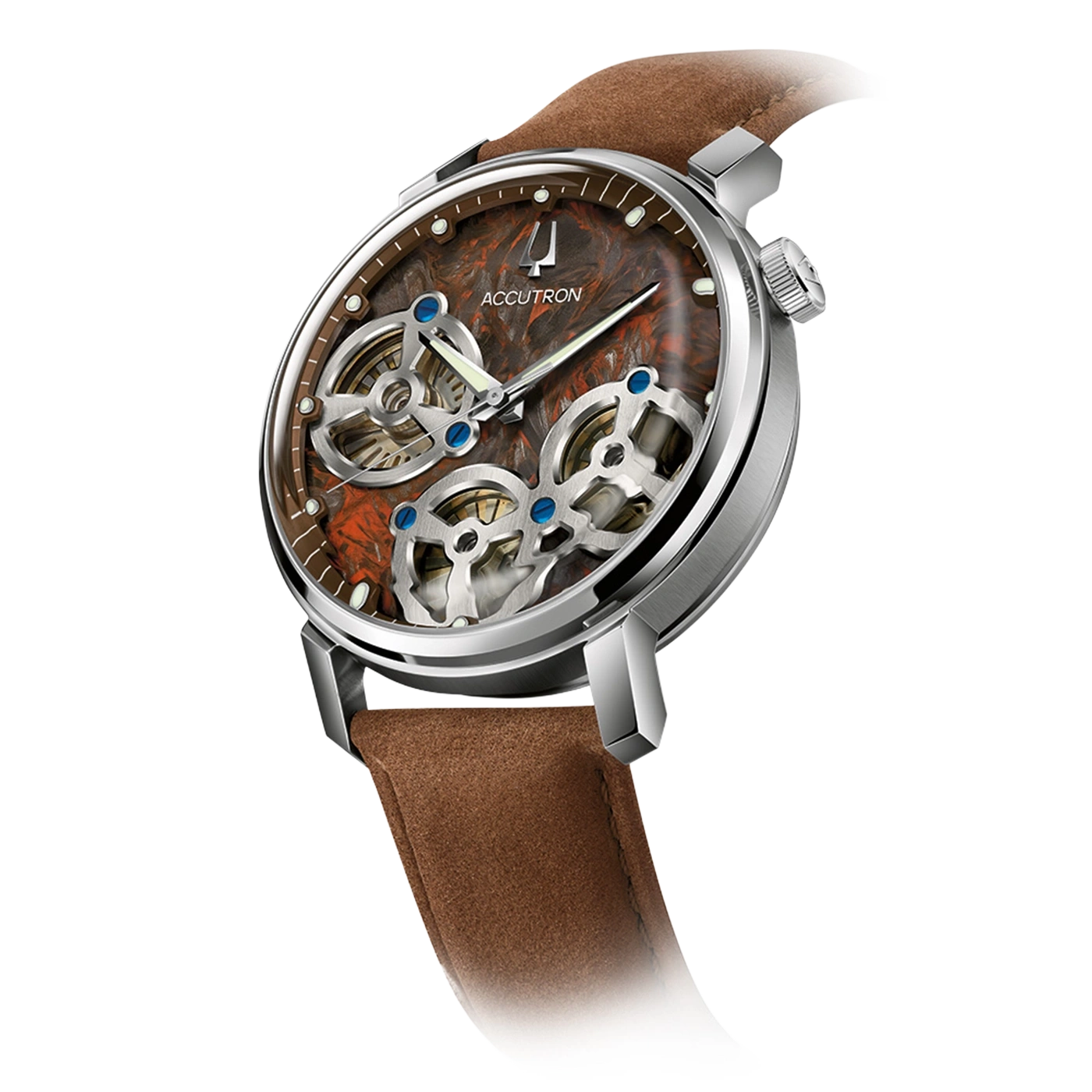 Een Accutron mechanisch horloge met een bruine wijzerplaat en leren band.