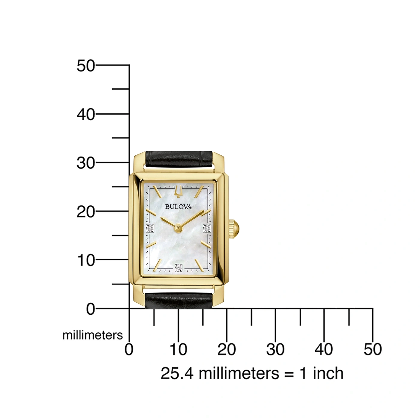 Gouden Bulova horloge met zwarte band, millimeter schaal, 25,4 mm = 1 inch.