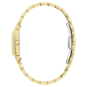 Gouden dameshorloge, zijaanzicht, armband, rechthoekige wijzerplaat, close-up, sieraden