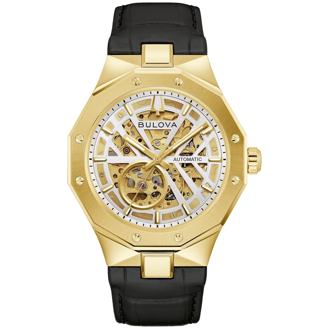Gouden automatische horloge met zwarte lederen band en skelet wijzerplaat