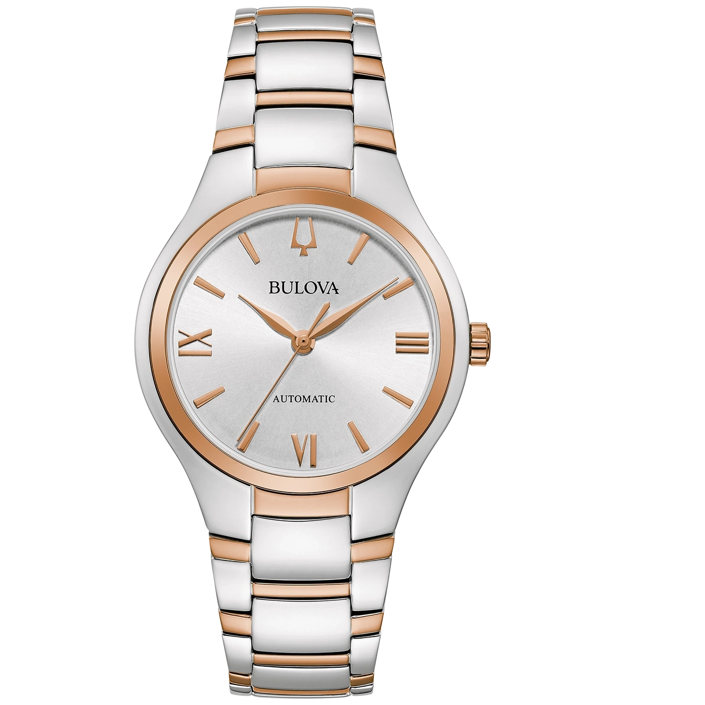 Bulova horloge, zilveren wijzerplaat, roségouden accenten, automatisch, armband