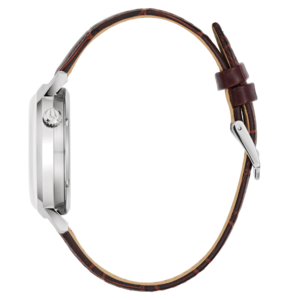 Horloge met bruine leren band, zijaanzicht, zilveren kast, close-up detail