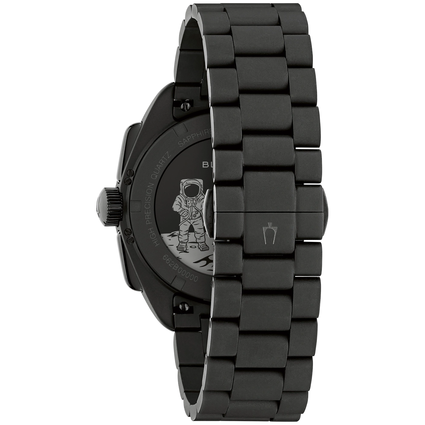 Zwart horloge met astronauten gravure op de achterkant.