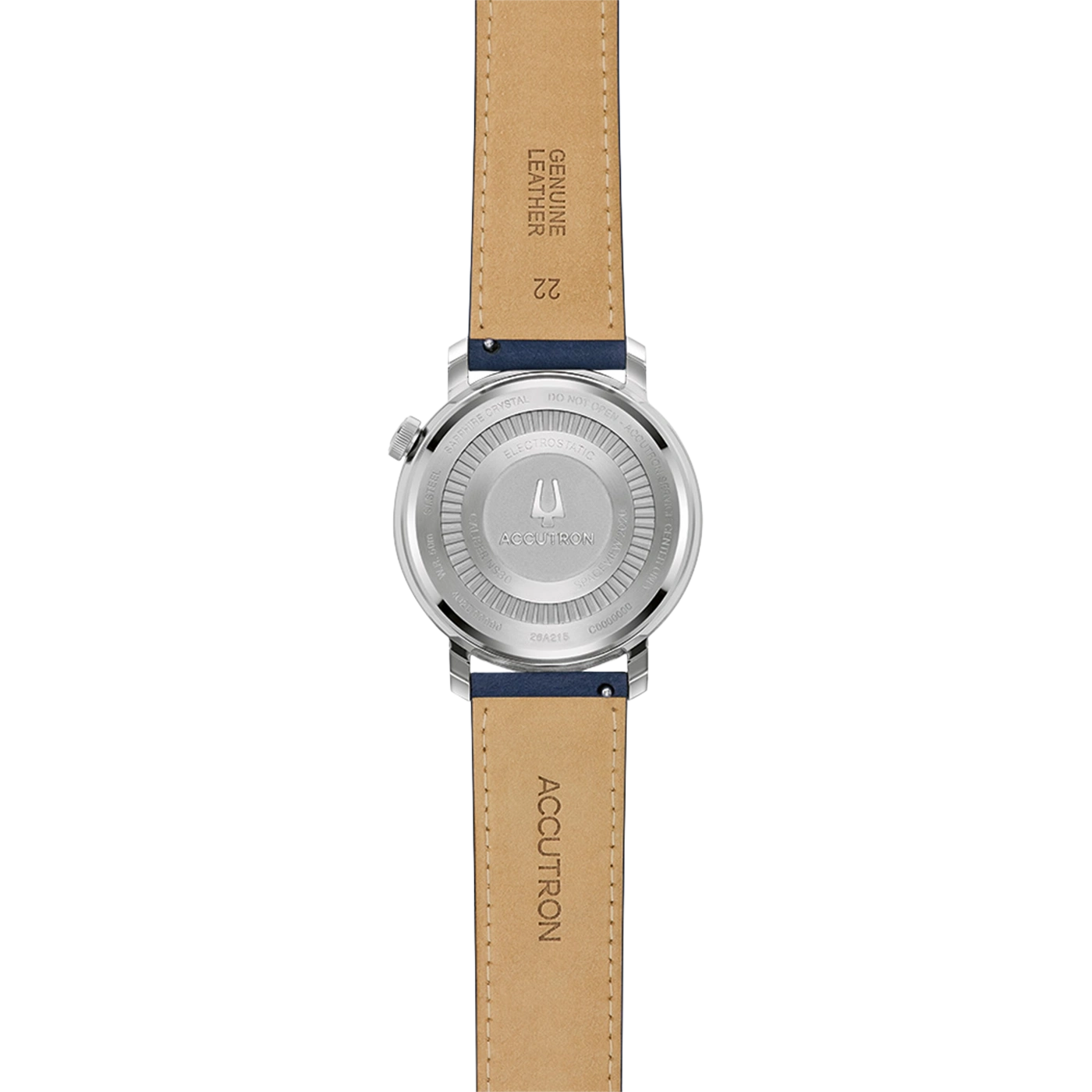 De achterkant van een Accutron horloge met leren band en gravures.