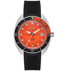 Bulova Oceanographer horloge, oranje wijzerplaat, zwarte band, datum, roestvrij staal