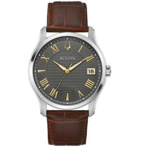 Bulova horloge met bruine leren band, Romeinse cijfers op grijze wijzerplaat