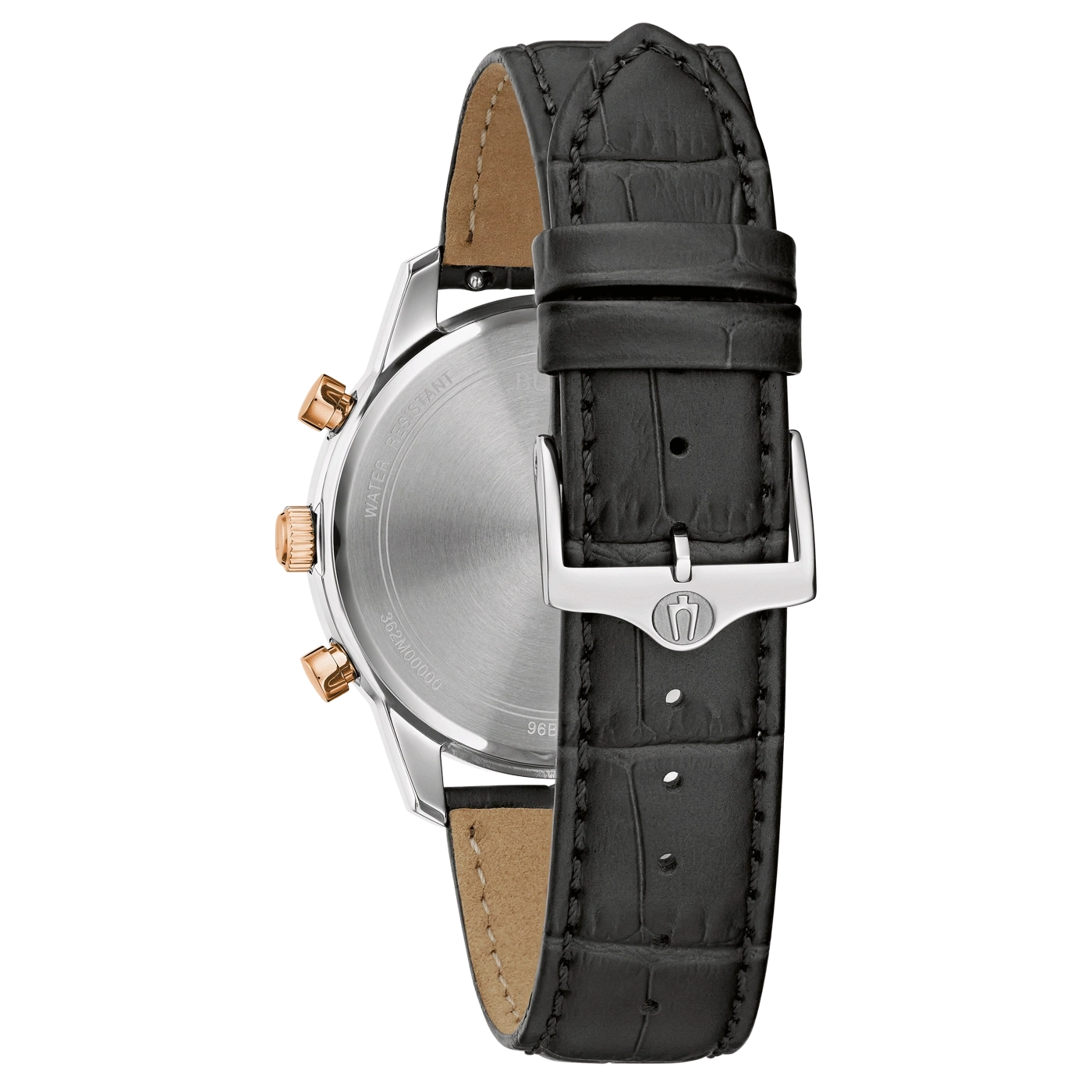 Horloge met zwart lederen band, detailopname, achterkant, zilveren kast, gouden knoppen, waterbestendig